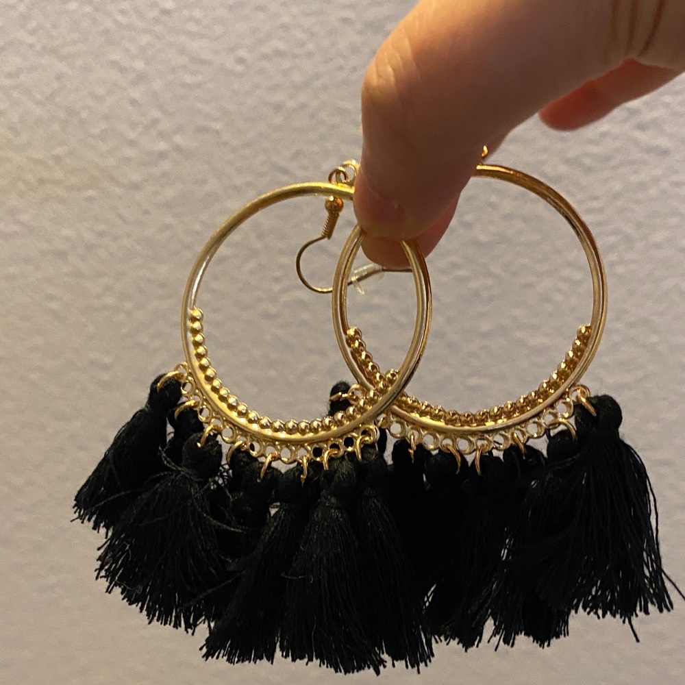 Elegant Gold and Black Tassel Hoop Earrings